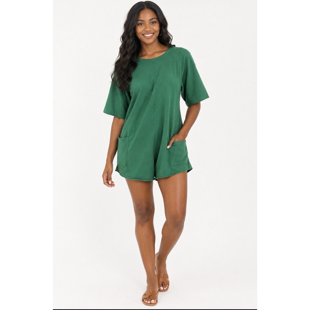 Free People FP Movement Hot Shot Tee Romper Green Pockets Oversized XS